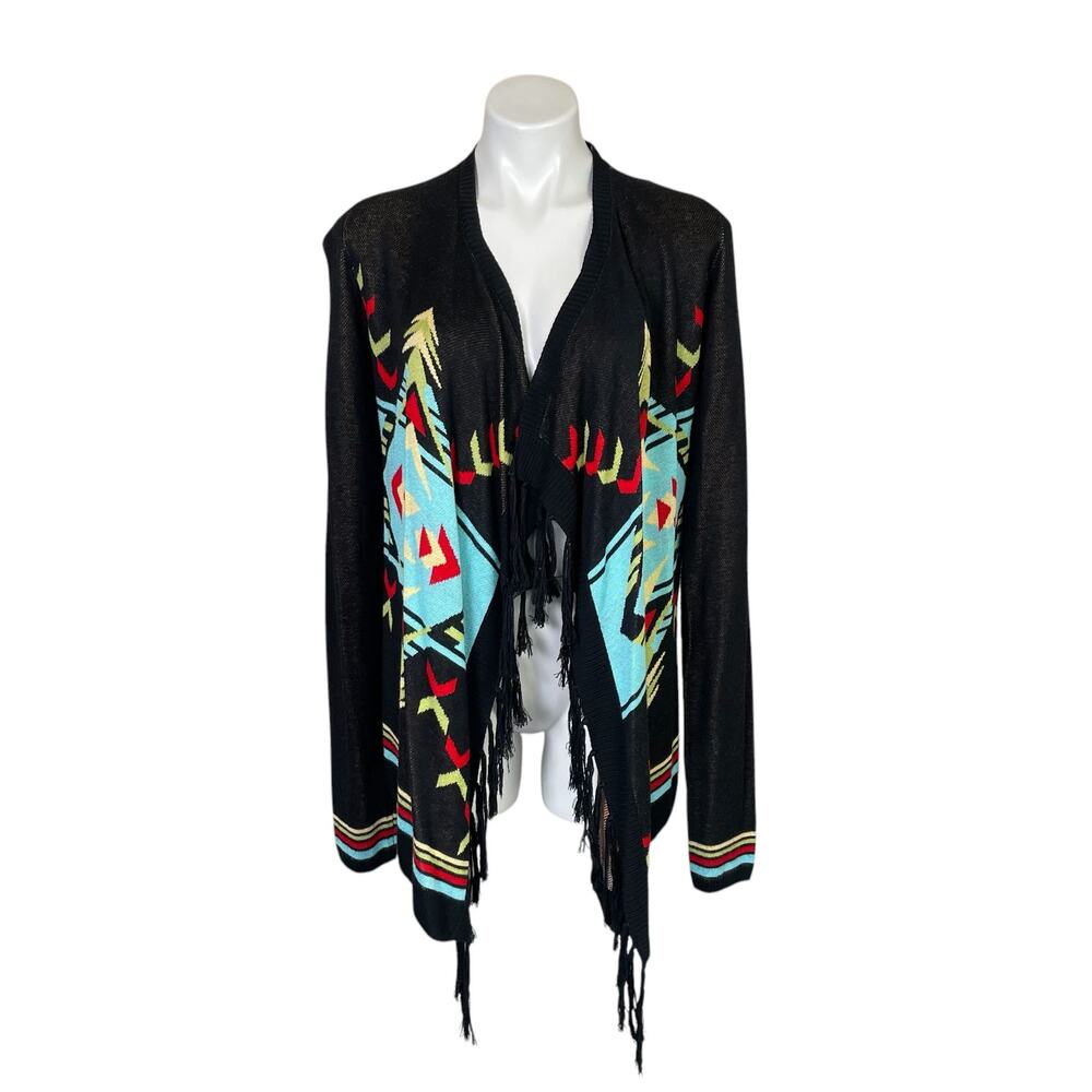 Rancho Estancia | Women's Black and Blue Tribal Design Fringe Cardigan | Size: M